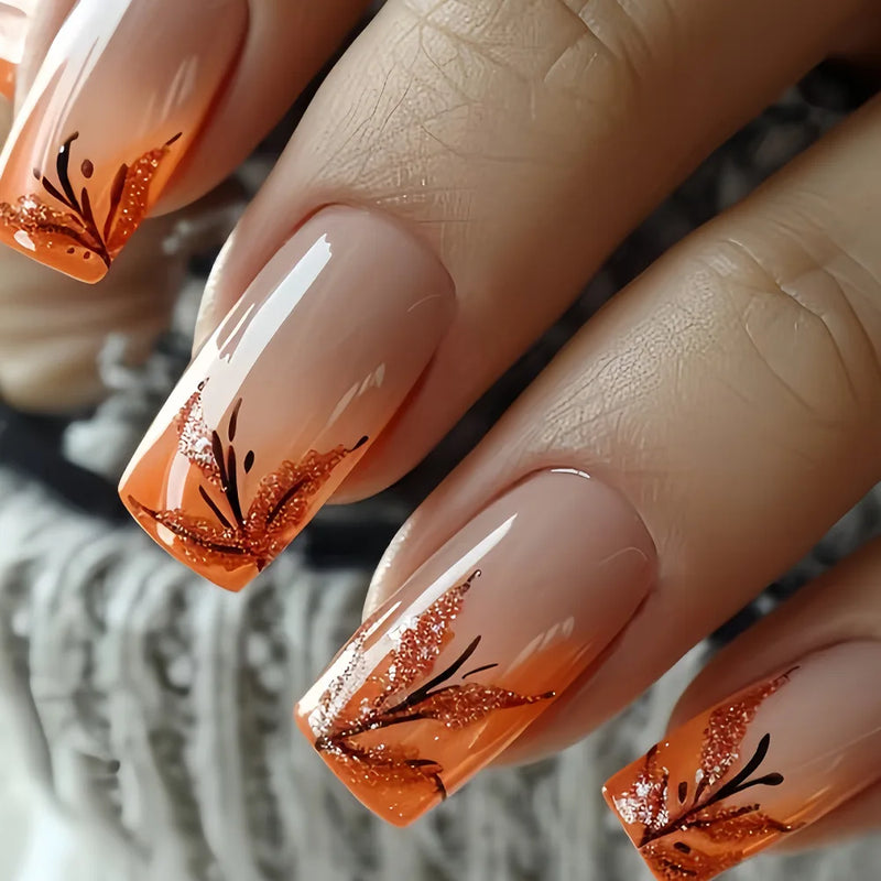 24pc Flower Pattern Design Fake Nails Rectangular False Nails Full Cover Press on Acrylic Nails Unique Nail Tips with Jelly Glue