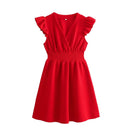 Summer Women Cross V Neck Flying Sleeve Red Party Dress Vintage Elastic Waist Mini Ladies Elegant Dresses
