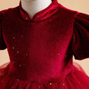 Children's Dress Wedding Standing Neck Girls Dress Red Velvet Children's Dress Christmas Clothing