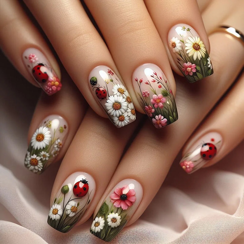24pcs Spring Flowers False Nails Wearable Detachabe Square Press on Nails for Girls