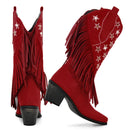 Women Pointed Toe Pull-on Knee High Fringe Cowgirl Boots Comfy Pull On Rhinestone Mid Calf Western Boots