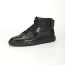 Black high-top sneaker with crocodile texture on a white background, Obroi