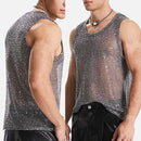Men Mesh Tank Top Glitter Sheer See Through Vest Fishnet Party Tops Male Tees T Shirts