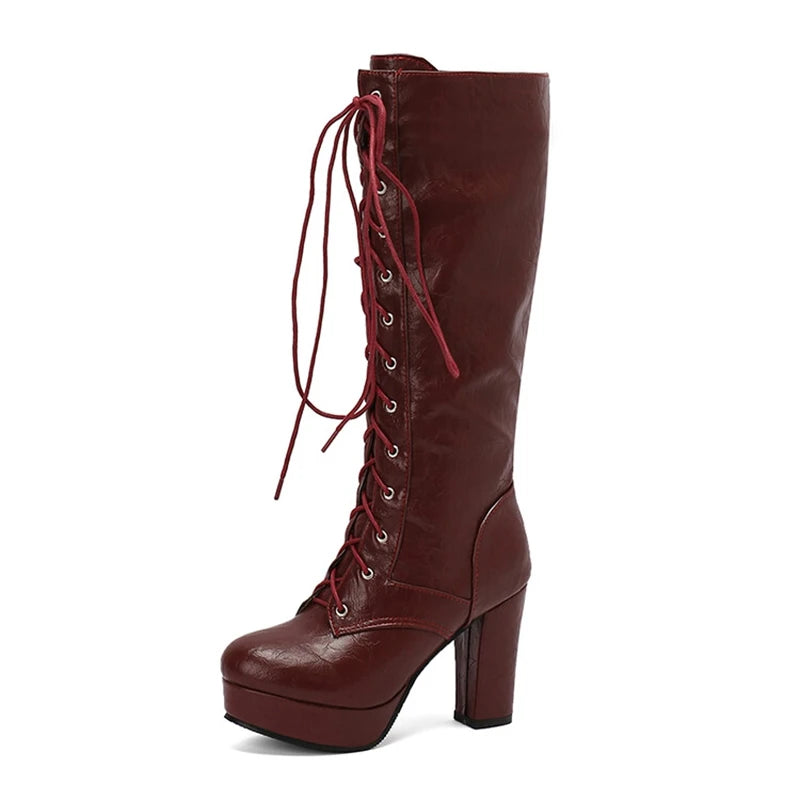 Women Knee Boots Round Toe Block Heels 10cm Platform 3cm Corss Strap