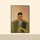 Framed artwork of a person wearing a green jacket on a beige wall, Obroi