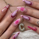 Finished False Nails Press on Ins Pink Long Almond Nails Tips with Flower Pearl Design