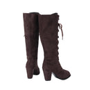 Medieval Victorian Women Knee High Boots Gothic Suede Chunky Heel Lace Up Mid Calf Shoes Cosplay Costume