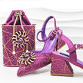 Purple high-heeled shoes and matching handbag with decorative elements on a white background, Obroi