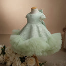 A baby girl's formal dress displayed on a dress form mannequin. The dress is a pale mint green with white floral lace applique on the bodice and a layered, ruffled tulle skirt, Obroi