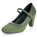Green high-heeled shoe with a strap on a white background, Obroi