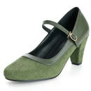 Green high-heeled shoe with a strap on a white background, Obroi