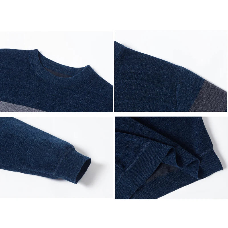 BROWON New Arrival Mens Clothes 2025 Autumn and Winter Fleece Warm Thickened Sweater Chenille Patchwork O-Neck Sweater Pullovers