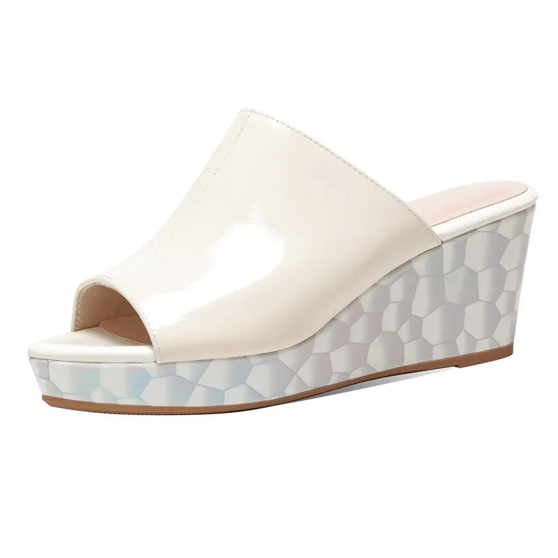 Patent Genuine Leather Shoes Women Slippers Wedges Heels Ladies Casual Shoes