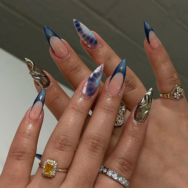Bead Beige Red Black Stars Halo Dyeing Press on Nails