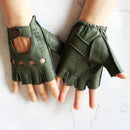 Green fingerless gloves with perforated design on a light background, Obroi