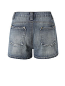 Back view of a pair of blue denim shorts on a white background, Obroi