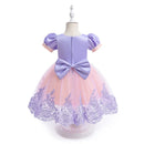 Children's dress with lavender top and pink skirt on a mannequin against a white background, Obroi