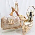 Gold embellished handbag and high-heeled shoes on a white background, Obroi