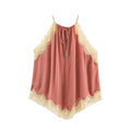 Summer Women Glossy Satin Halter Camisole Ruffle Lace Trim Loose Flowy Irregular Hem Sleeveless Tank Top