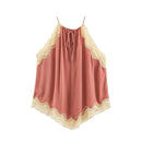 Summer Women Glossy Satin Halter Camisole Ruffle Lace Trim Loose Flowy Irregular Hem Sleeveless Tank Top