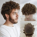 Men Curly Human Hair Brown Replacement System Hairpieces Soft Full Swiss Lace