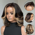 A shoulder-length wig with dark brown roots and warm blonde ombré highlights, displayed on a mannequin head with three circular inset close-ups showing the part, side profile, and back styling, Obroi