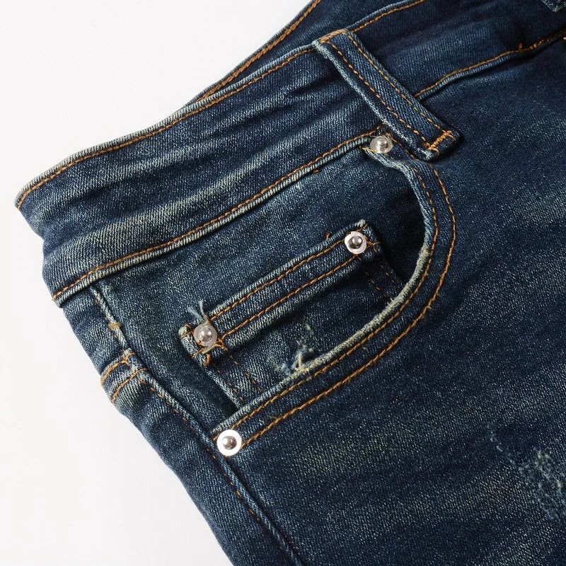 Men Classic Stretch Denim Jeans Tapered Pants Casual Ripped Trousers