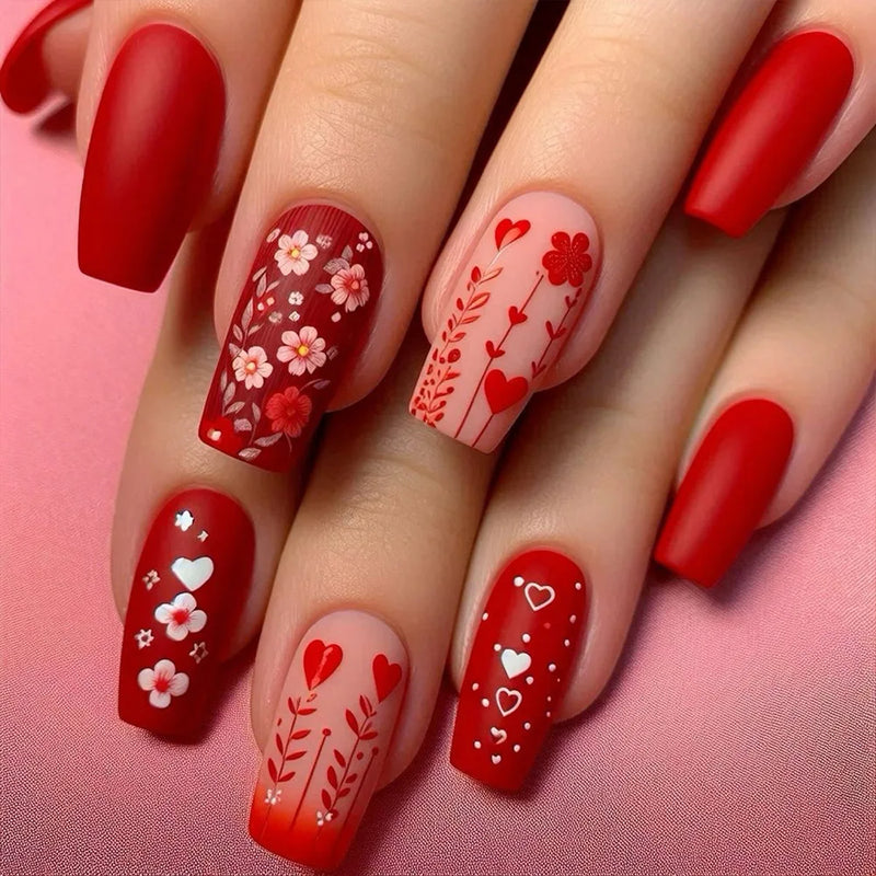 24pcs Romantic Valentine Day Press on Nails Pink Love Couple False Nails Wearable Nails for Women