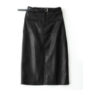 Genuine Leather for Women Wrap Long Skirt Belt Mid Length Front Slit Mid-Calf