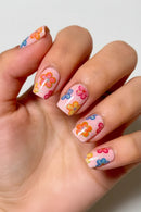 Pink Nails for Women and Girls 24Pcs Short Square Press On Nails Colorful Flower Acrylic Nails