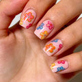 Pink Nails for Women and Girls 24Pcs Short Square Press On Nails Colorful Flower Acrylic Nails