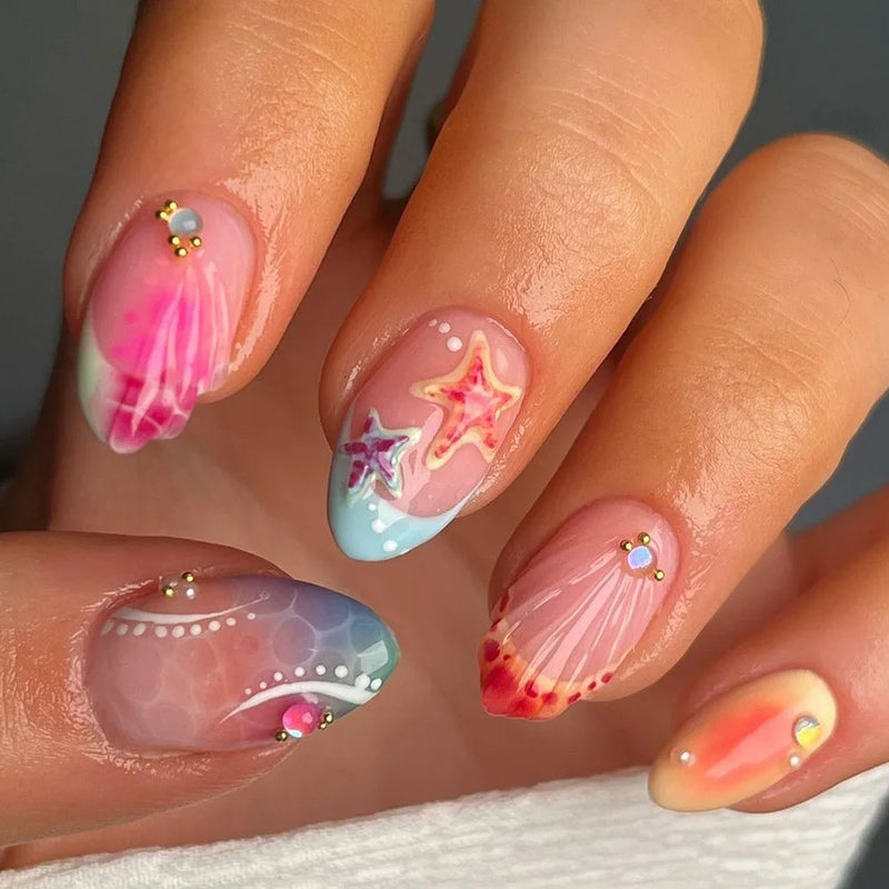 24Pcs Almond Shape Head Press on Fake Nails Short Round Head Full Cover Nail Tip Art Starfish Design Nails