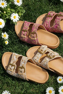 Women's Woven Slide Sandals With Double Gold Buckles Flat Slippers Summer Beach Shoes