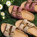 Women's Woven Slide Sandals With Double Gold Buckles Flat Slippers Summer Beach Shoes