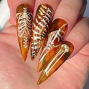 24pcs Amber Skeleton Designs Press On Nails Long Stiletto Halloween Style False Nails Full Cover Women Girls Party Nail