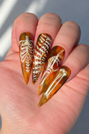 24pcs Amber Skeleton Designs Press On Nails Long Stiletto Halloween Style False Nails Full Cover Women Girls Party Nail