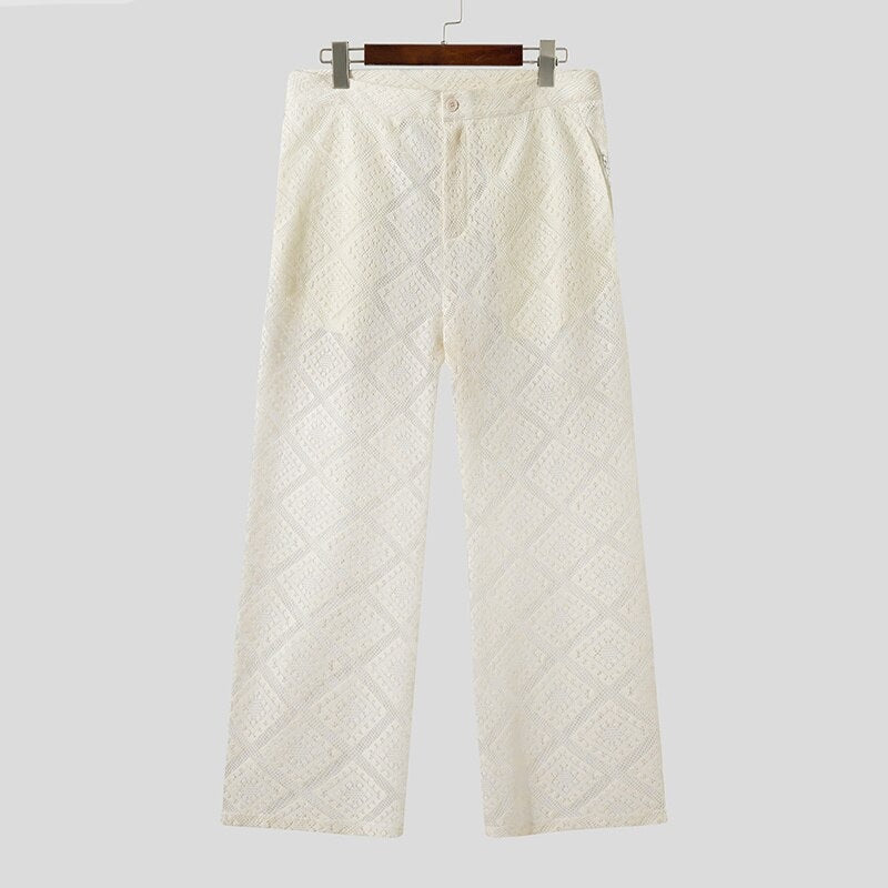 American Style Men Trousers Sexy See-through Lace Long Pants Male Diamond Patterned