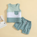 Baby Boy Summer Clothing Suit Patchwork Sleeveless Crew Neck Tank Tops Solid Shorts with Pockets Tracksuit Set