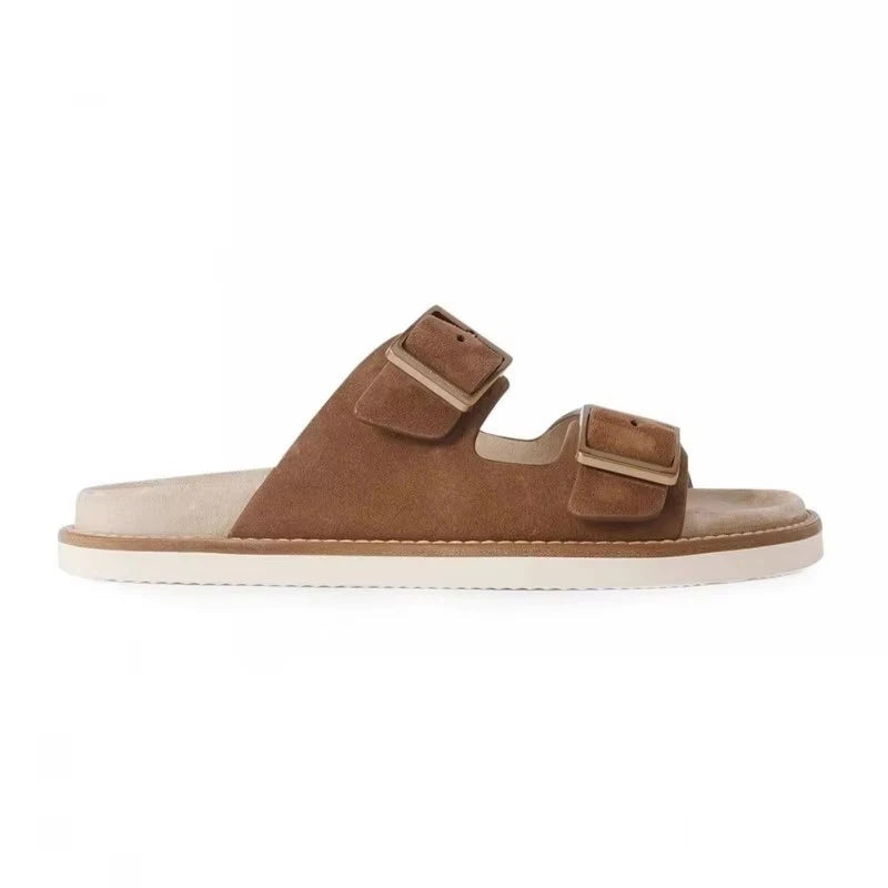 Mens Genuine Leather Slippers Summer Footwear Breathable Beach Shoes Buckle Nubuck Leather Slides
