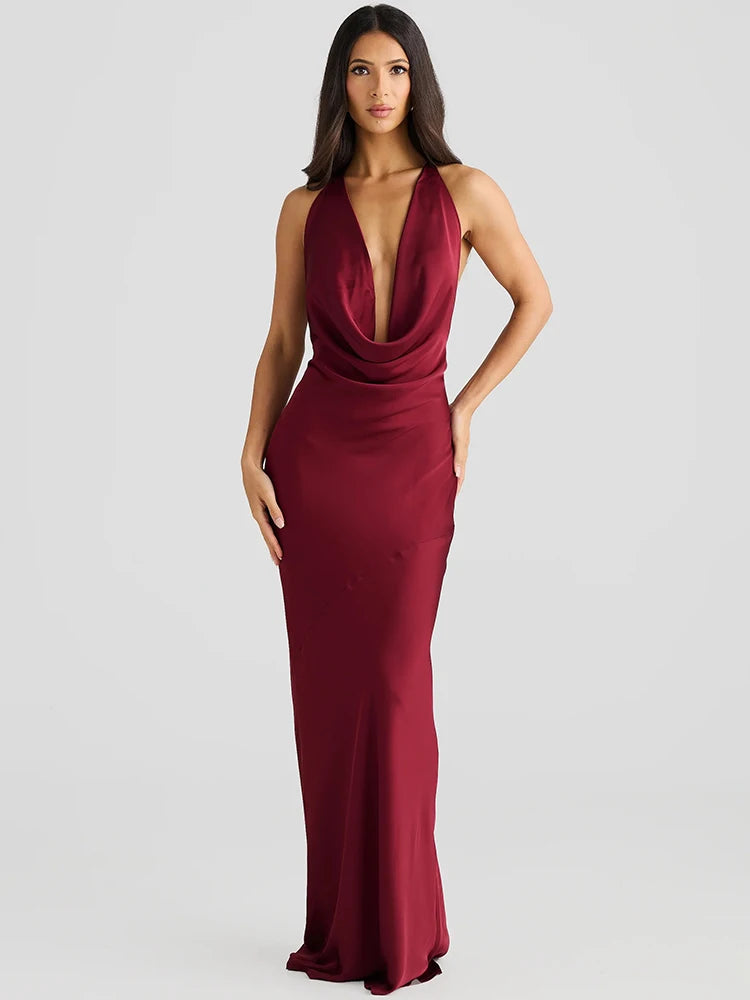 Satin Halter Backless Maxi Dress Women Gown Elegant Lace-up High Waist Evening Club Long Dress