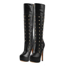 Women Platform Boots  Round Toe Zipper Knee High High Heel Rivet Handmade Boots