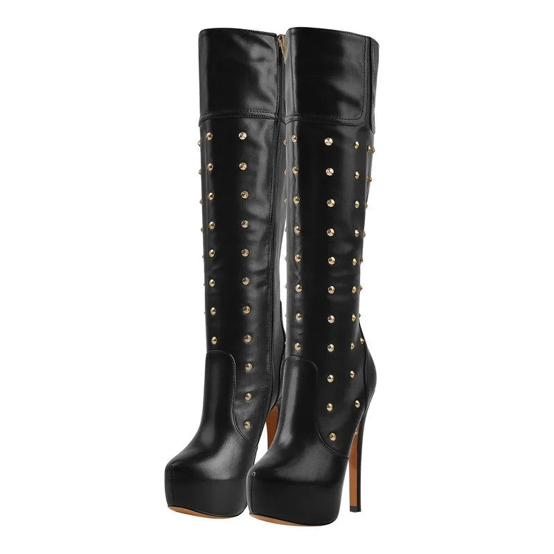 Women Platform Boots  Round Toe Zipper Knee High High Heel Rivet Handmade Boots