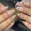 Luxury Gold Metal Line Flower Star Almond False Nails Moon Rhinestone Punk Nail Art Press on Nails