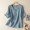 Lapel Short-sleeved Shirt for Women in Summer Loose Slim Linen Top