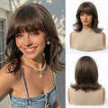 Short Wavy Wigs With Bangs For Women Natural Brown Hair Wig