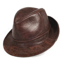 Men Genuine Leather Jazz Fedora Cap Gentleman Short Brim Topper