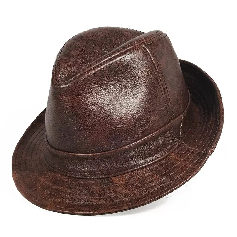 Men Genuine Leather Jazz Fedora Cap Gentleman Short Brim Topper