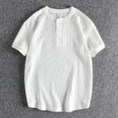 Summer American Retro Waffle Henry Collar T-shirt Men's Simple Washed Short Sleeve Casual Loose Sport Tops
