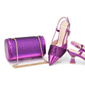 Purple handbag and high-heeled shoes on a white background, Obroi