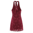 Backless Halter Mini Dress Women Sequin Flocking  A-line Party Dresses Summer